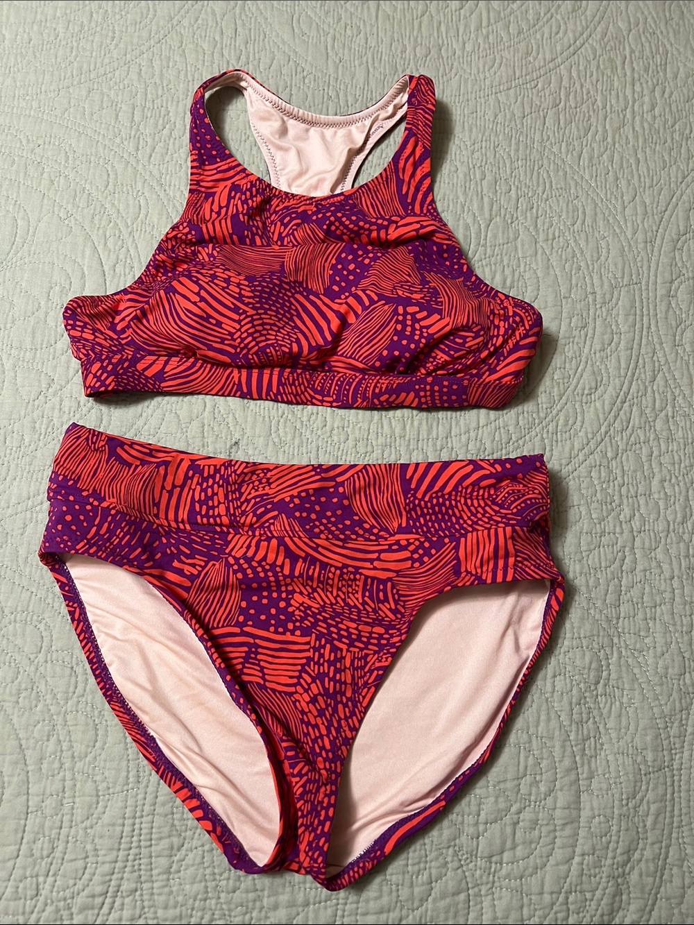 Garnet Hill Orange and Purple High-Neck Bikini Set